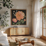 Flower Show V by Beth Grove. Shown in a natural wood frame in a cozy modern living room. Available as an archival giclee rolled canvas, fine art paper, or poster print. SKU 87010a.
