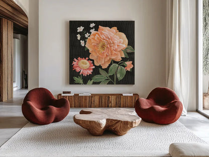 Flower Show V by Beth Grove. Shown as extra-large giant wall art in a modern living room. Available as an archival giclee rolled canvas, fine art paper, or poster print. SKU 87010a.