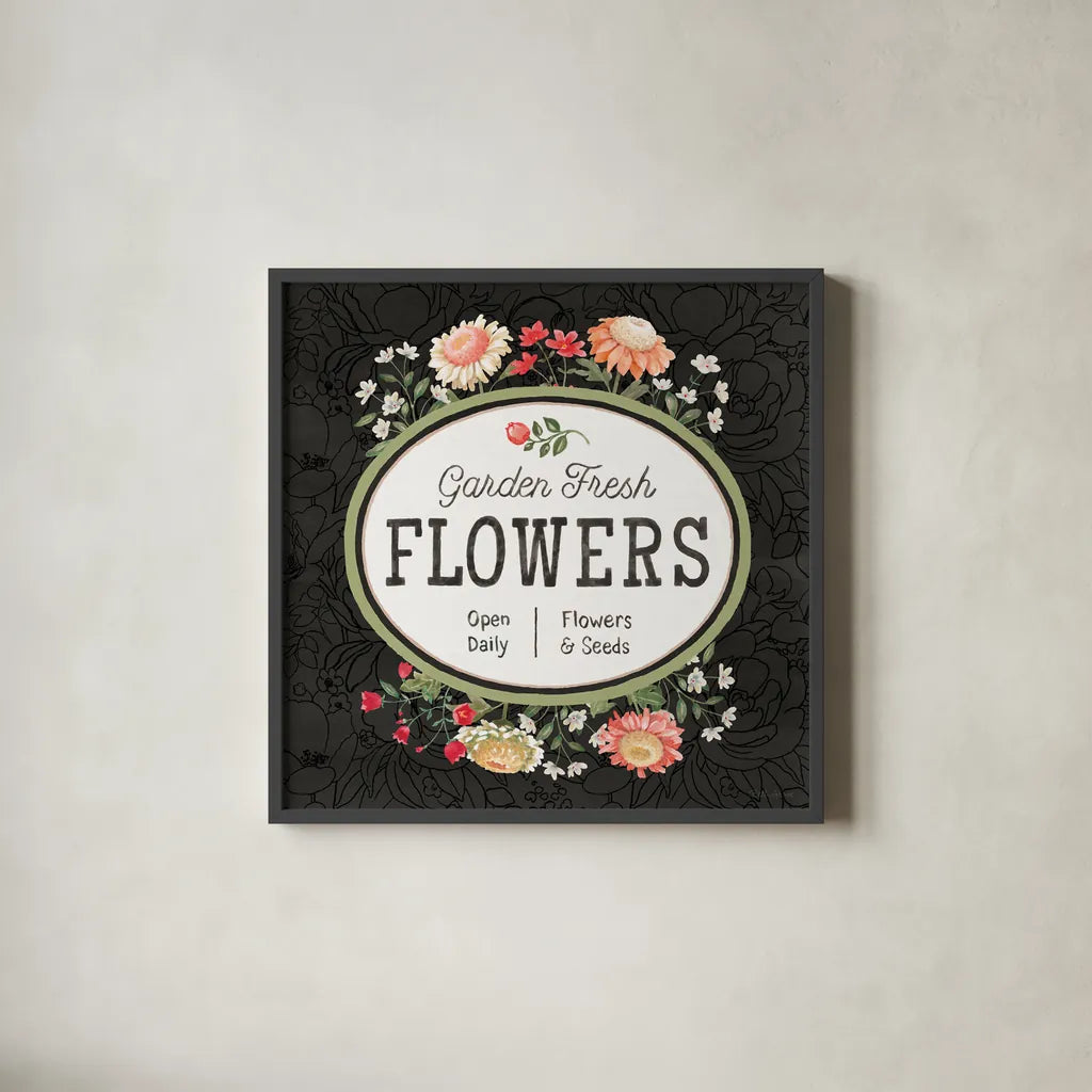 Flower Show VI by Beth Grove. Shown in a sleek black glass frame for a contemporary gallery look. Available as an archival giclee rolled canvas, fine art paper, or poster print. SKU 87011a.