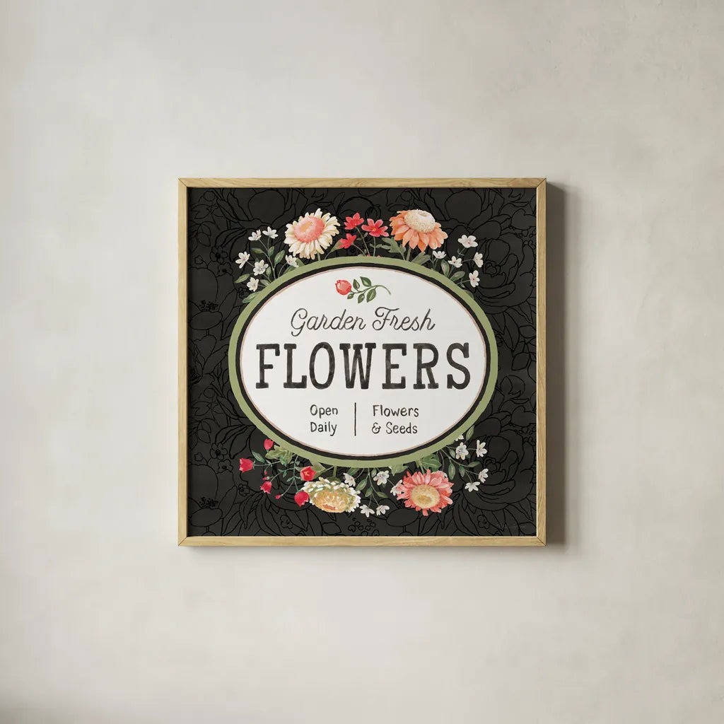 Flower Show VI by Beth Grove. Shown in a natural wood glass frame for a timeless modern aesthetic. Available as an archival giclee rolled canvas, fine art paper, or poster print. SKU 87011a.