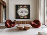 Flower Show VI by Beth Grove. Shown as extra-large giant wall art in a modern living room. Available as an archival giclee rolled canvas, fine art paper, or poster print. SKU 87011a.