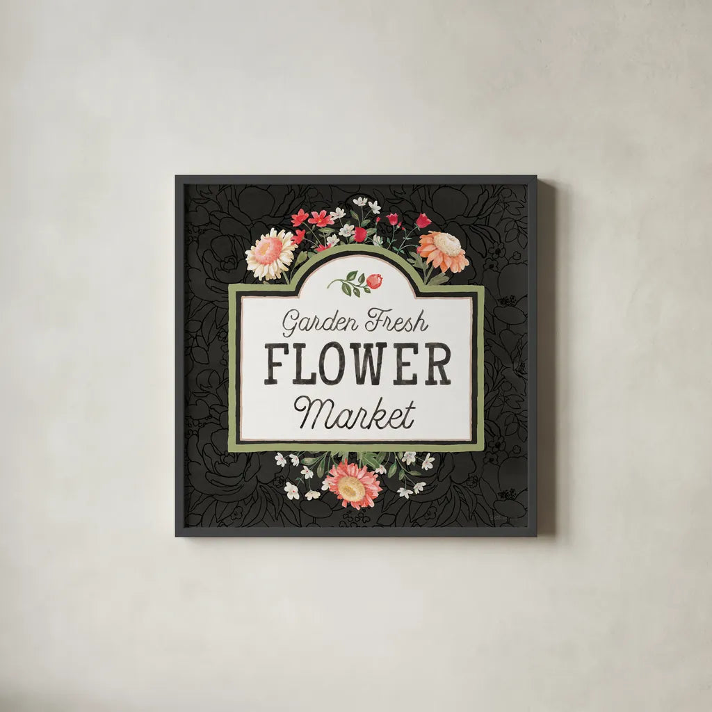 Flower Show VII by Beth Grove. Shown in a sleek black glass frame for a contemporary gallery look. Available as an archival giclee rolled canvas, fine art paper, or poster print. SKU 87012a.