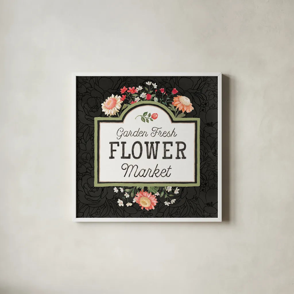 Flower Show VII by Beth Grove. Shown in a crisp white glass frame for a clean and minimalist style. Available as an archival giclee rolled canvas, fine art paper, or poster print. SKU 87012a.