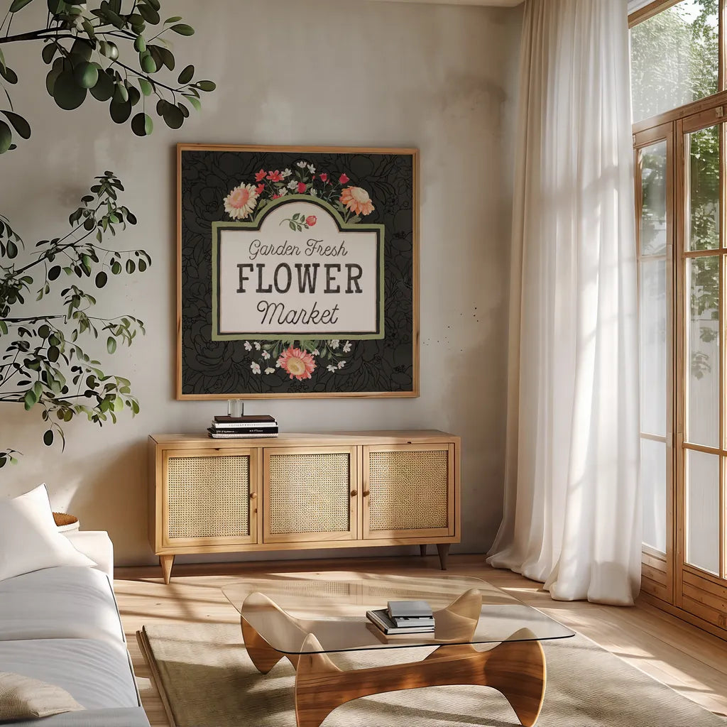 Flower Show VII by Beth Grove. Shown in a natural wood frame in a cozy modern living room. Available as an archival giclee rolled canvas, fine art paper, or poster print. SKU 87012a.
