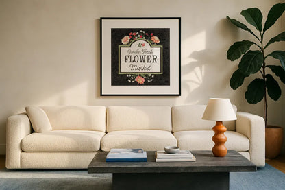 Flower Show VII by Beth Grove. Displayed in a glass frame with matte in a clean modern living room. Available as an archival giclee rolled canvas, fine art paper, or poster print. SKU 87012a.