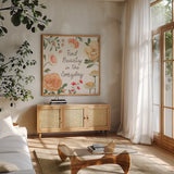 Flower Show VIII by Beth Grove. Shown in a natural wood frame in a cozy modern living room. Available as an archival giclee rolled canvas, fine art paper, or poster print. SKU 87013a.