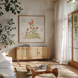 Fluid Petals IV by Beth Grove. Shown in a natural wood frame in a cozy modern living room. Available as an archival giclee rolled canvas, fine art paper, or poster print. SKU 89731a.