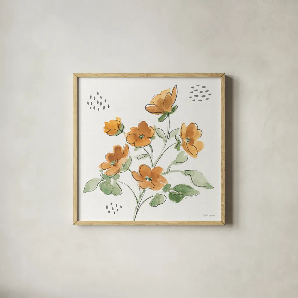 Fluid Petals IX by Beth Grove. Shown in a natural wood glass frame for a timeless modern aesthetic. Available as an archival giclee rolled canvas, fine art paper, or poster print. SKU 89736a.