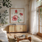 Fluid Petals XI by Beth Grove. Shown in a natural wood frame in a cozy modern living room. Available as an archival giclee rolled canvas, fine art paper, or poster print. SKU 89738a.