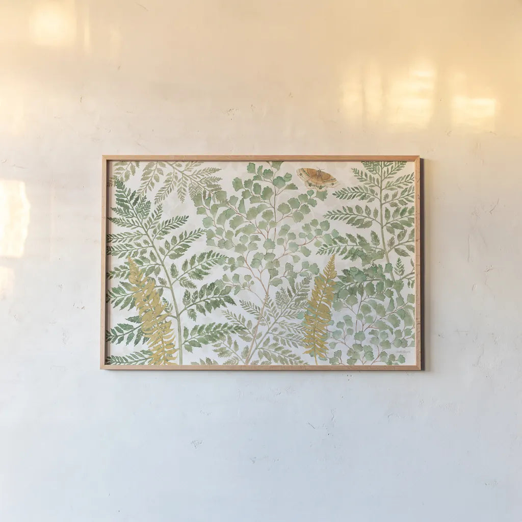 Forest Finds I by Beth Grove. shown as a paper print in a natural frame. Available as a archival giclee rolled canvas, fine art paper, or poster print. SKU 83147i.