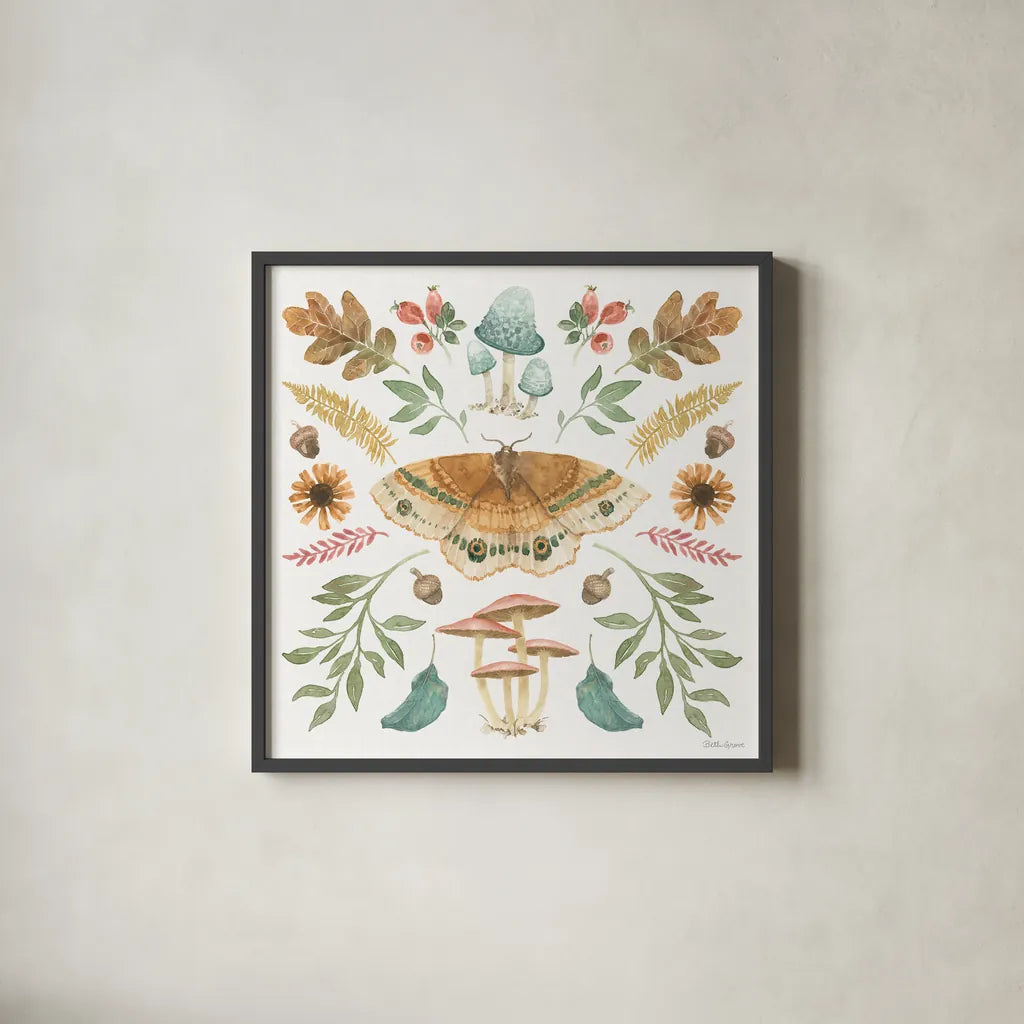 Forest Finds II by Beth Grove. Shown in a sleek black glass frame for a contemporary gallery look. Available as an archival giclee rolled canvas, fine art paper, or poster print. SKU 83148a.