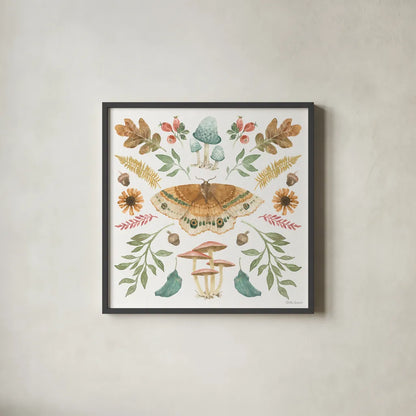 Forest Finds II by Beth Grove. Shown in a sleek black glass frame for a contemporary gallery look. Available as an archival giclee rolled canvas, fine art paper, or poster print. SKU 83148a.