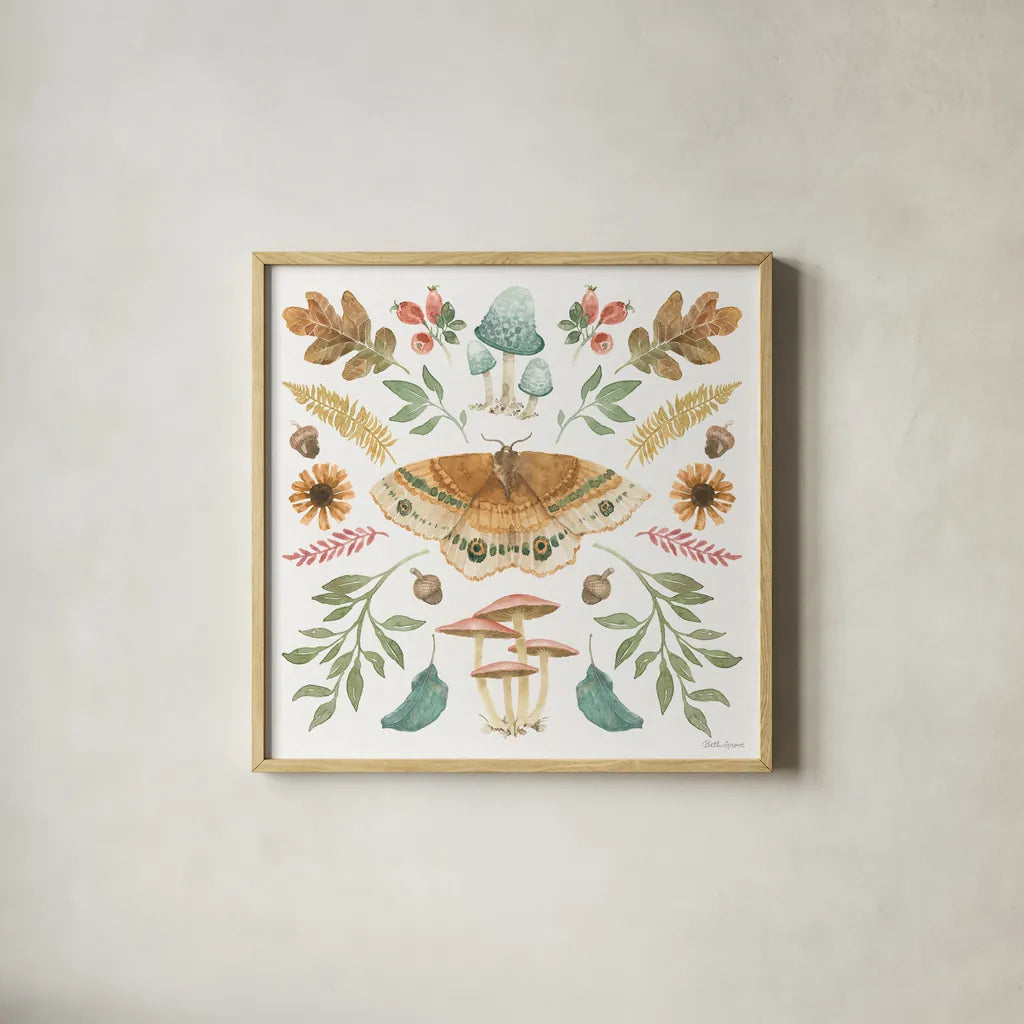 Forest Finds II by Beth Grove. Shown in a natural wood glass frame for a timeless modern aesthetic. Available as an archival giclee rolled canvas, fine art paper, or poster print. SKU 83148a.