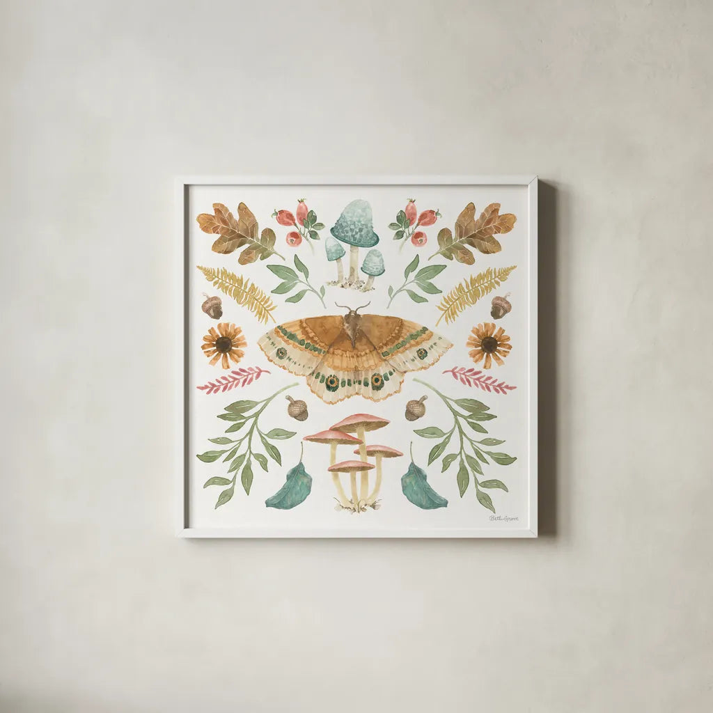 Forest Finds II by Beth Grove. Shown in a crisp white glass frame for a clean and minimalist style. Available as an archival giclee rolled canvas, fine art paper, or poster print. SKU 83148a.