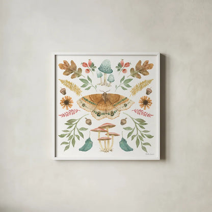 Forest Finds II by Beth Grove. Shown in a crisp white glass frame for a clean and minimalist style. Available as an archival giclee rolled canvas, fine art paper, or poster print. SKU 83148a.