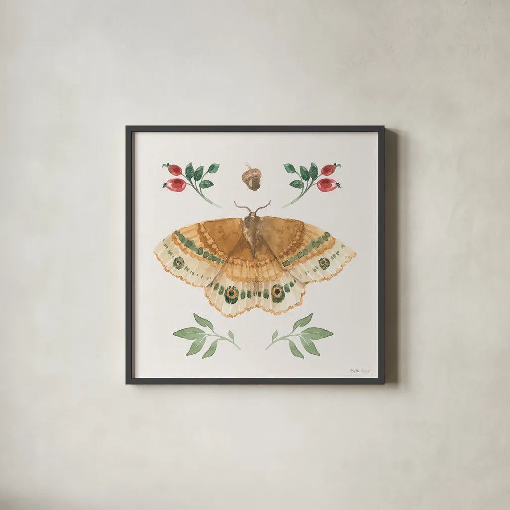 Forest Finds II by Beth Grove. Shown in a sleek black glass frame for a contemporary gallery look. Available as an archival giclee rolled canvas, fine art paper, or poster print. SKU 90826a.