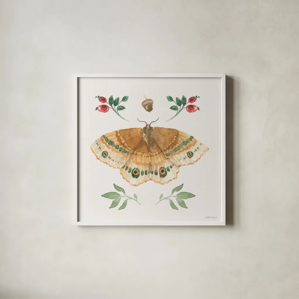 Forest Finds II by Beth Grove. Shown in a crisp white glass frame for a clean and minimalist style. Available as an archival giclee rolled canvas, fine art paper, or poster print. SKU 90826a.