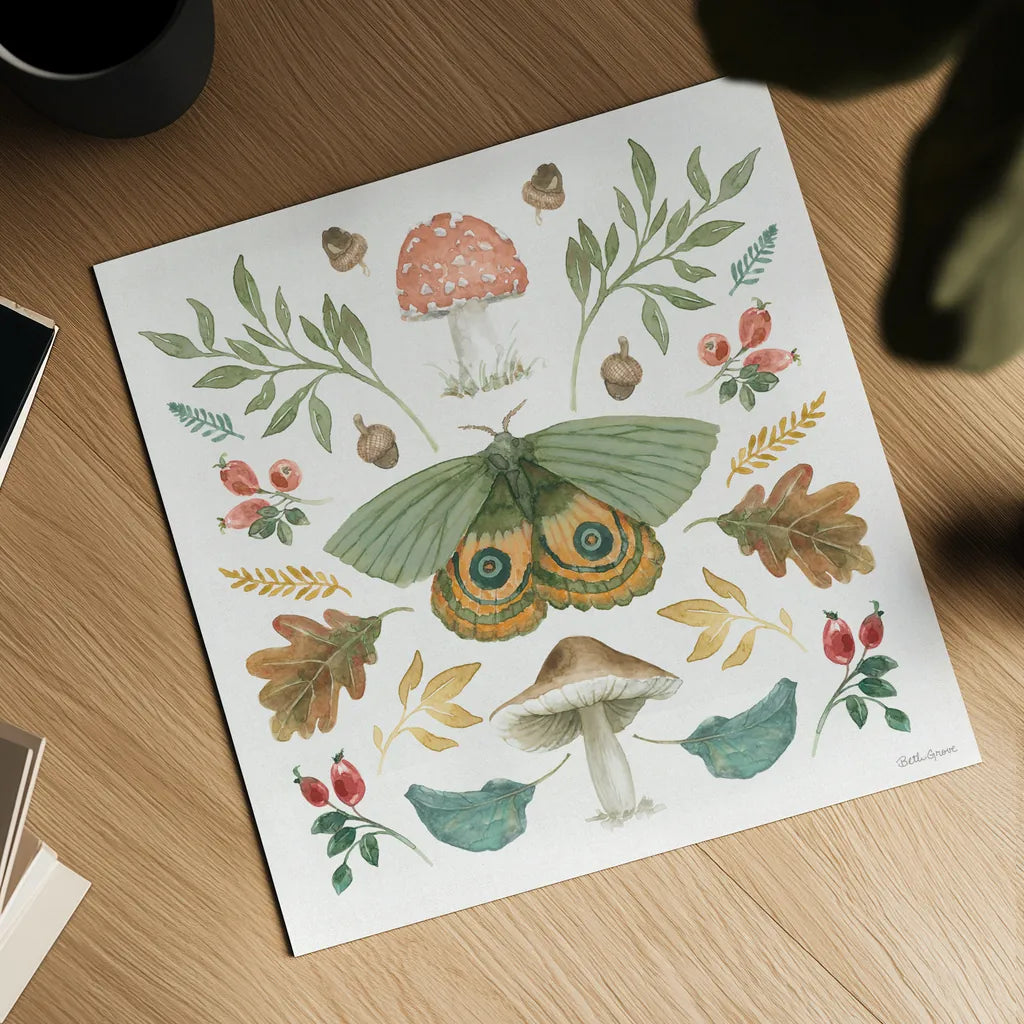 Forest Finds III by Beth Grove. Shown as a detailed flat fine art print, highlighting archival giclee quality. Available as an archival giclee rolled canvas, fine art paper, or poster print. SKU 83149a.