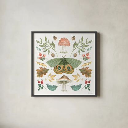 Forest Finds III by Beth Grove. Shown in a sleek black glass frame for a contemporary gallery look. Available as an archival giclee rolled canvas, fine art paper, or poster print. SKU 83149a.