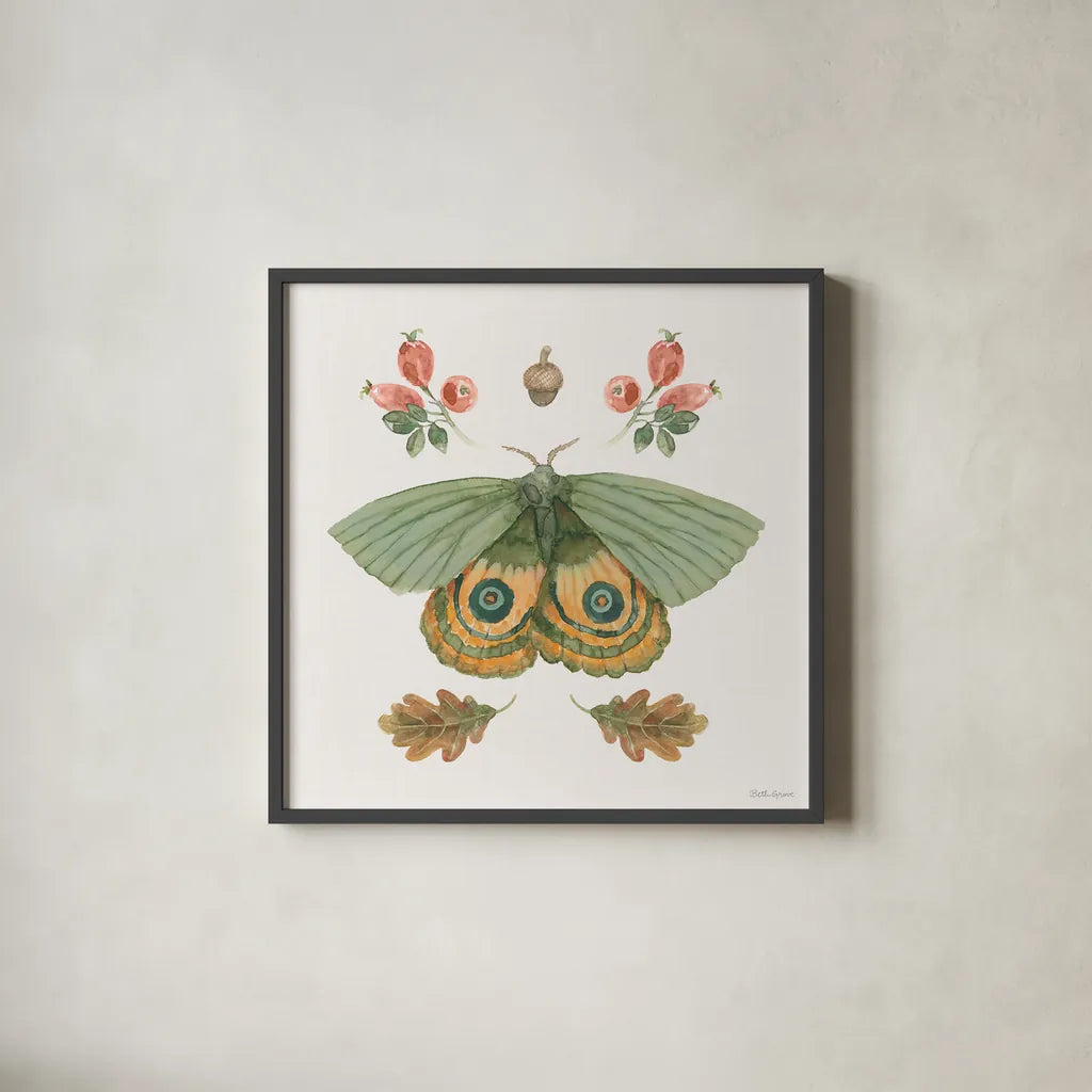 Forest Finds III by Beth Grove. Shown in a sleek black glass frame for a contemporary gallery look. Available as an archival giclee rolled canvas, fine art paper, or poster print. SKU 90827a.