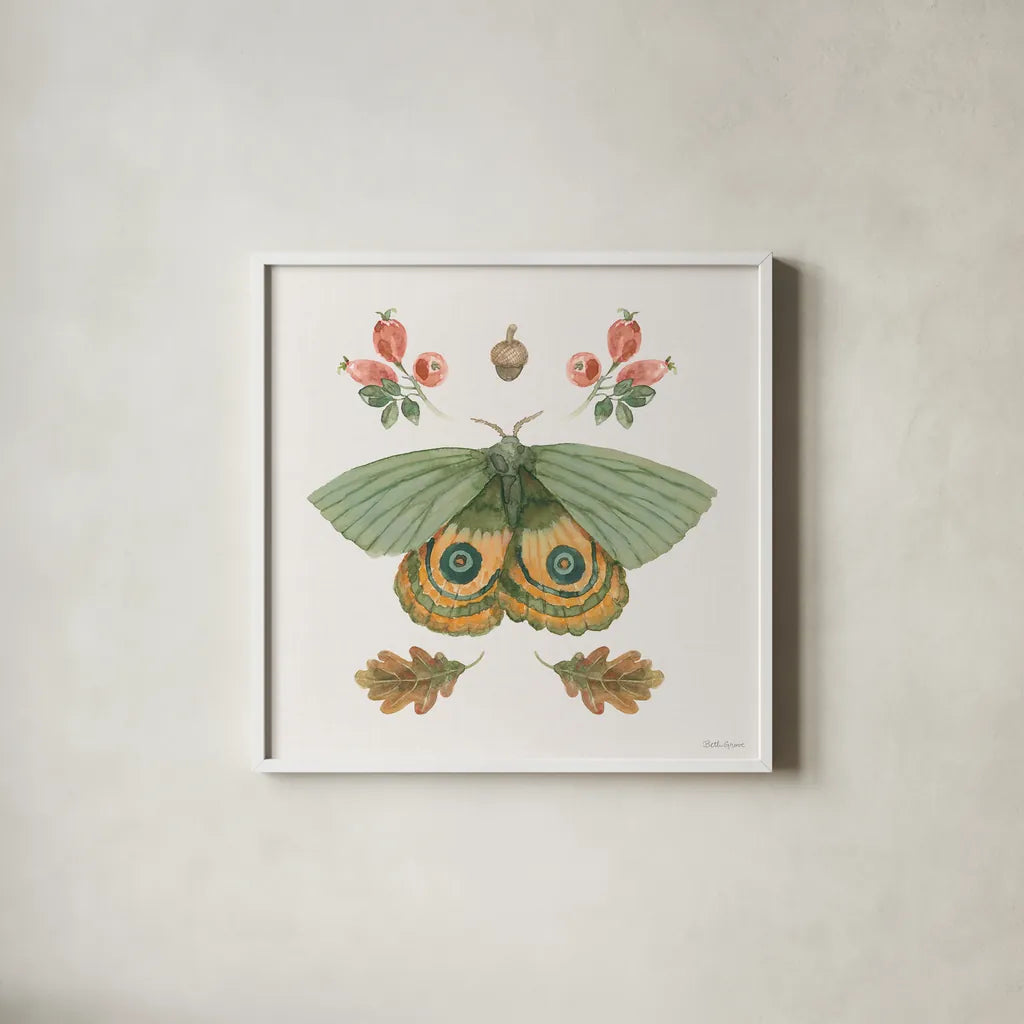 Forest Finds III by Beth Grove. Shown in a crisp white glass frame for a clean and minimalist style. Available as an archival giclee rolled canvas, fine art paper, or poster print. SKU 90827a.