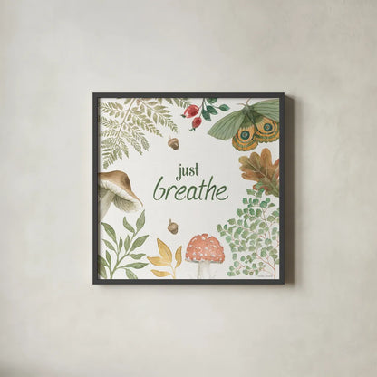 Forest Finds V by Beth Grove. Shown in a sleek black glass frame for a contemporary gallery look. Available as an archival giclee rolled canvas, fine art paper, or poster print. SKU 83151a.