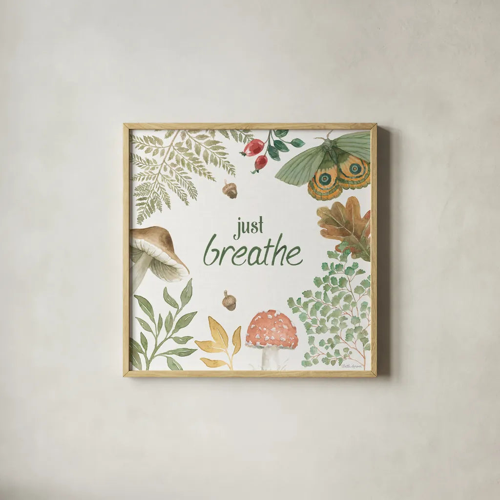 Forest Finds V by Beth Grove. Shown in a natural wood glass frame for a timeless modern aesthetic. Available as an archival giclee rolled canvas, fine art paper, or poster print. SKU 83151a.