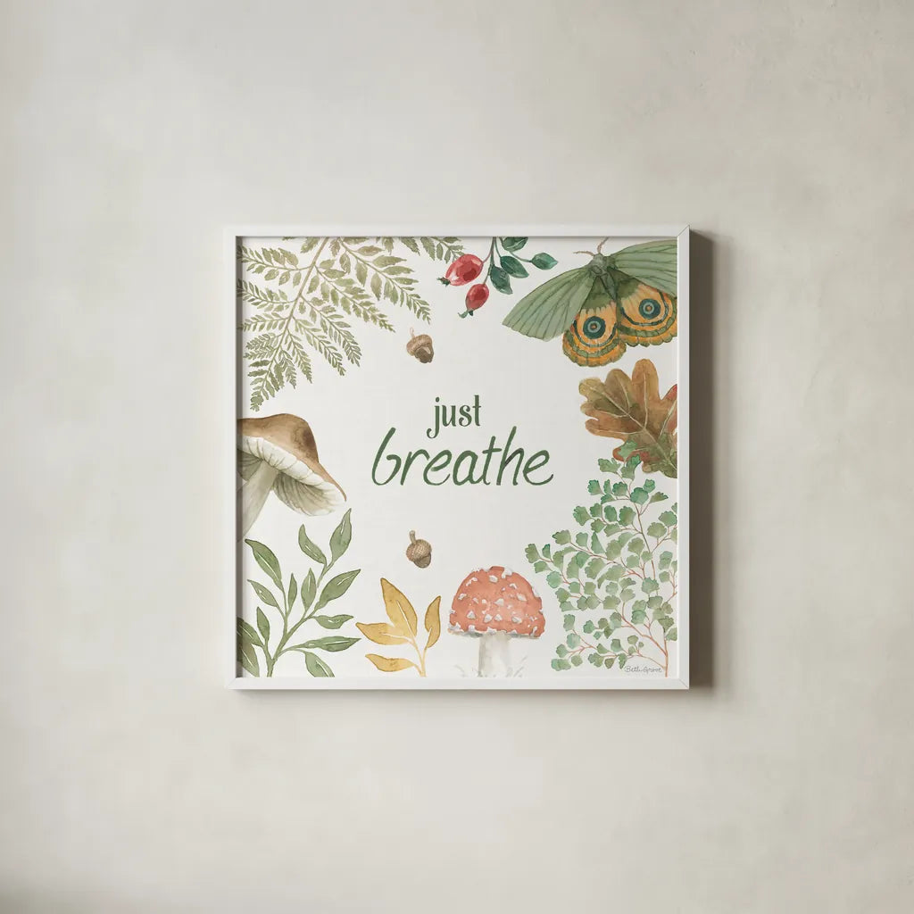 Forest Finds V by Beth Grove. Shown in a crisp white glass frame for a clean and minimalist style. Available as an archival giclee rolled canvas, fine art paper, or poster print. SKU 83151a.