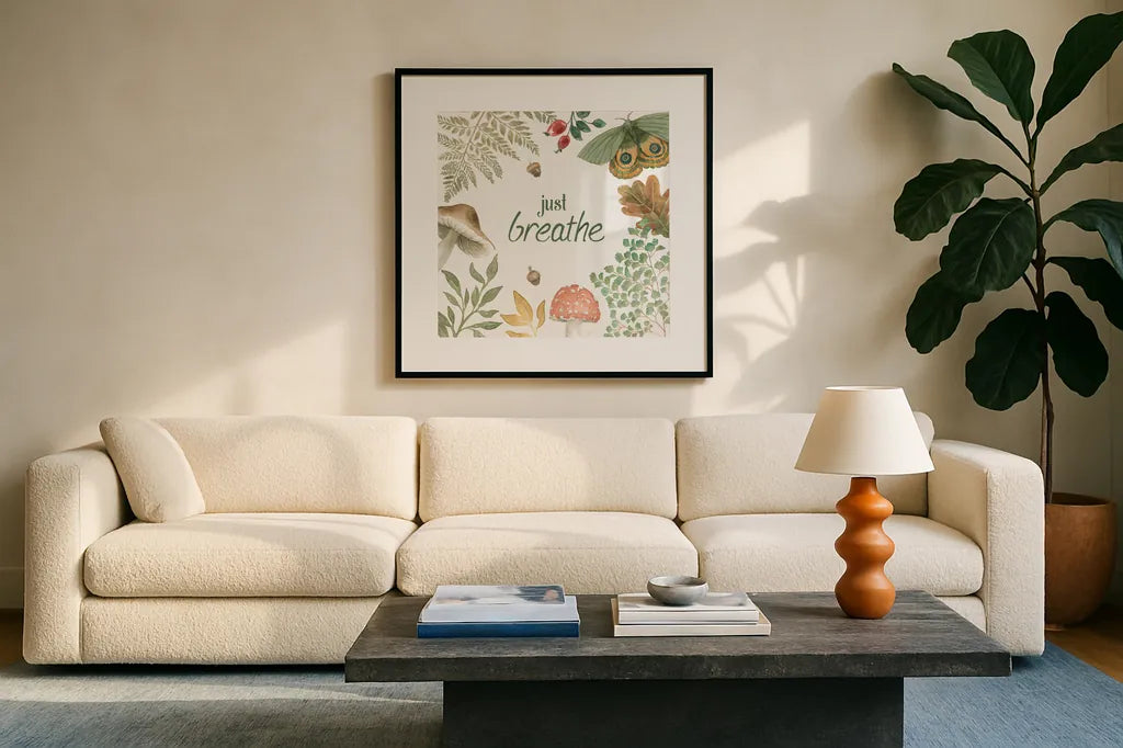 Forest Finds V by Beth Grove. Displayed in a glass frame with matte in a clean modern living room. Available as an archival giclee rolled canvas, fine art paper, or poster print. SKU 83151a.