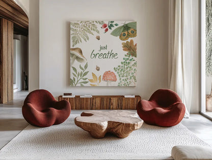 Forest Finds V by Beth Grove. Shown as extra-large giant wall art in a modern living room. Available as an archival giclee rolled canvas, fine art paper, or poster print. SKU 83151a.
