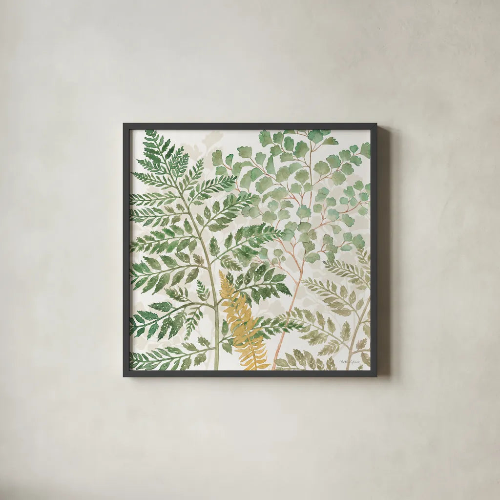 Forest Finds VI by Beth Grove. Shown in a sleek black glass frame for a contemporary gallery look. Available as an archival giclee rolled canvas, fine art paper, or poster print. SKU 83152a.