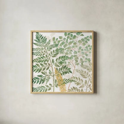 Forest Finds VI by Beth Grove. Shown in a natural wood glass frame for a timeless modern aesthetic. Available as an archival giclee rolled canvas, fine art paper, or poster print. SKU 83152a.