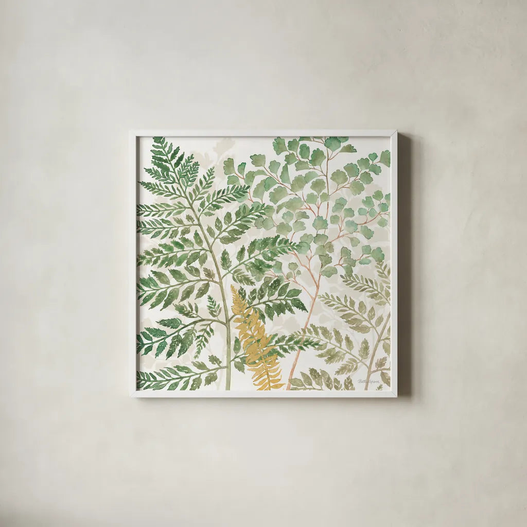 Forest Finds VI by Beth Grove. Shown in a crisp white glass frame for a clean and minimalist style. Available as an archival giclee rolled canvas, fine art paper, or poster print. SKU 83152a.