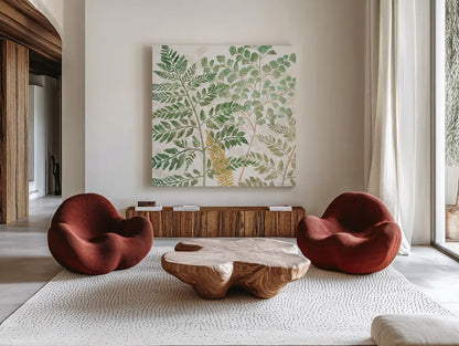 Forest Finds VI by Beth Grove. Shown as extra-large giant wall art in a modern living room. Available as an archival giclee rolled canvas, fine art paper, or poster print. SKU 83152a.