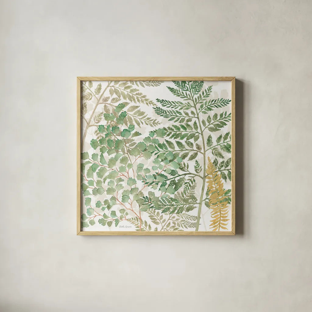 Forest Finds VII by Beth Grove. Shown in a natural wood glass frame for a timeless modern aesthetic. Available as an archival giclee rolled canvas, fine art paper, or poster print. SKU 83153a.