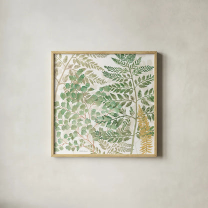 Forest Finds VII by Beth Grove. Shown in a natural wood glass frame for a timeless modern aesthetic. Available as an archival giclee rolled canvas, fine art paper, or poster print. SKU 83153a.