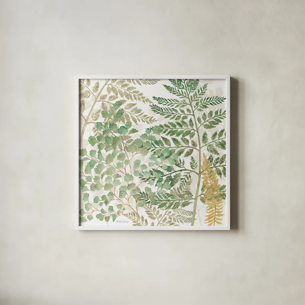 Forest Finds VII by Beth Grove. Shown in a crisp white glass frame for a clean and minimalist style. Available as an archival giclee rolled canvas, fine art paper, or poster print. SKU 83153a.