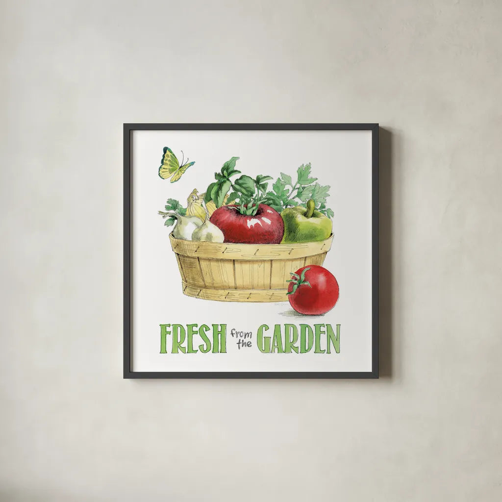 Fresh From The Garden I by Beth Grove. Shown in a sleek black glass frame for a contemporary gallery look. Available as an archival giclee rolled canvas, fine art paper, or poster print. SKU 31977a.