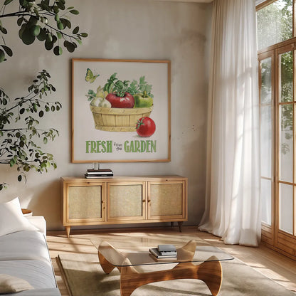 Fresh From The Garden I by Beth Grove. Shown in a natural wood frame in a cozy modern living room. Available as an archival giclee rolled canvas, fine art paper, or poster print. SKU 31977a.
