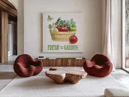 Fresh From The Garden I by Beth Grove. Shown as extra-large giant wall art in a modern living room. Available as an archival giclee rolled canvas, fine art paper, or poster print. SKU 31977a.