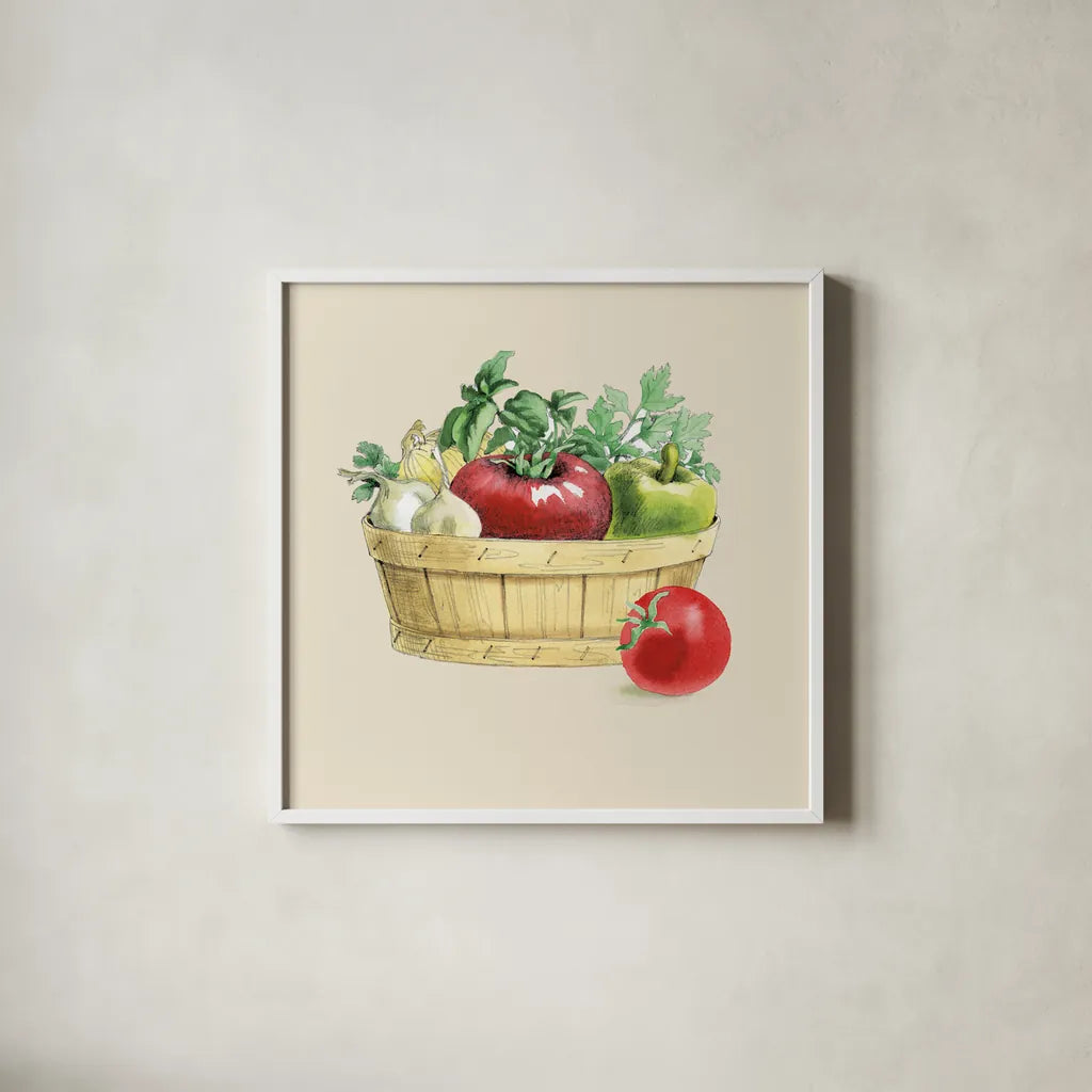 Fresh From The Garden I Cream by Beth Grove. Shown in a crisp white glass frame for a clean and minimalist style. Available as an archival giclee rolled canvas, fine art paper, or poster print. SKU 68116a.