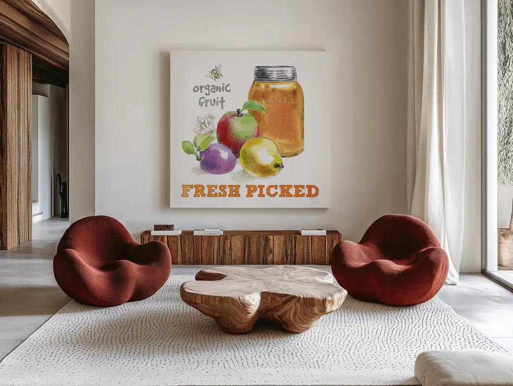 Fresh From The Garden II by Beth Grove. Shown as extra-large giant wall art in a modern living room. Available as an archival giclee rolled canvas, fine art paper, or poster print. SKU 31978a.