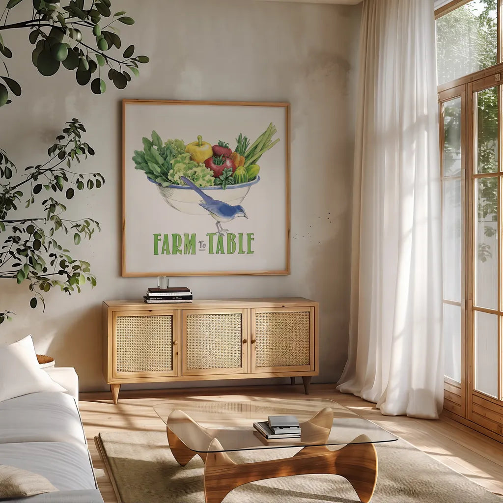 Fresh From The Garden IV by Beth Grove. Shown in a natural wood frame in a cozy modern living room. Available as an archival giclee rolled canvas, fine art paper, or poster print. SKU 31980a.