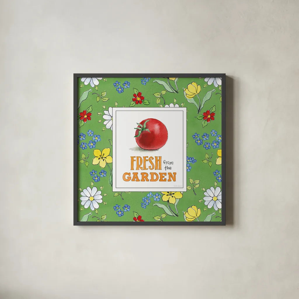 Fresh From the Garden V by Beth Grove. Shown in a sleek black glass frame for a contemporary gallery look. Available as an archival giclee rolled canvas, fine art paper, or poster print. SKU 31981a.