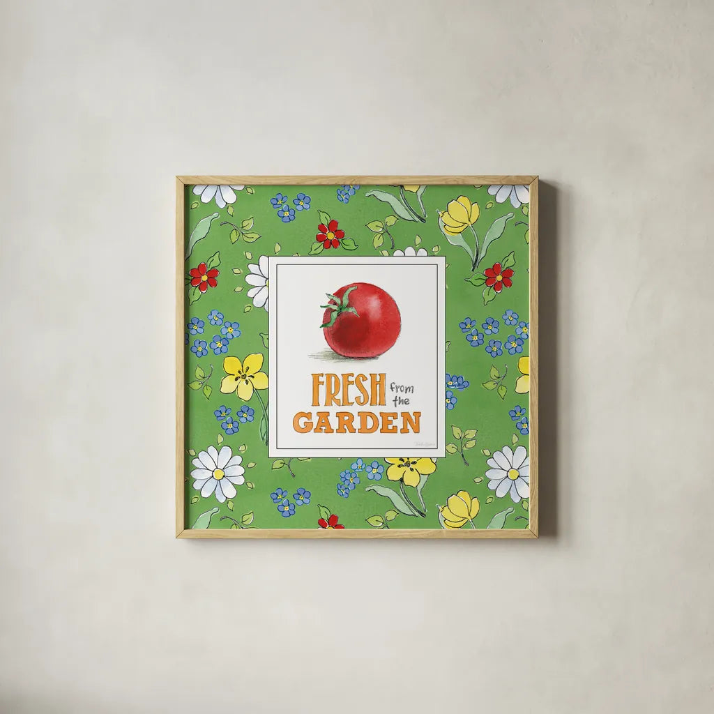 Fresh From the Garden V by Beth Grove. Shown in a natural wood glass frame for a timeless modern aesthetic. Available as an archival giclee rolled canvas, fine art paper, or poster print. SKU 31981a.