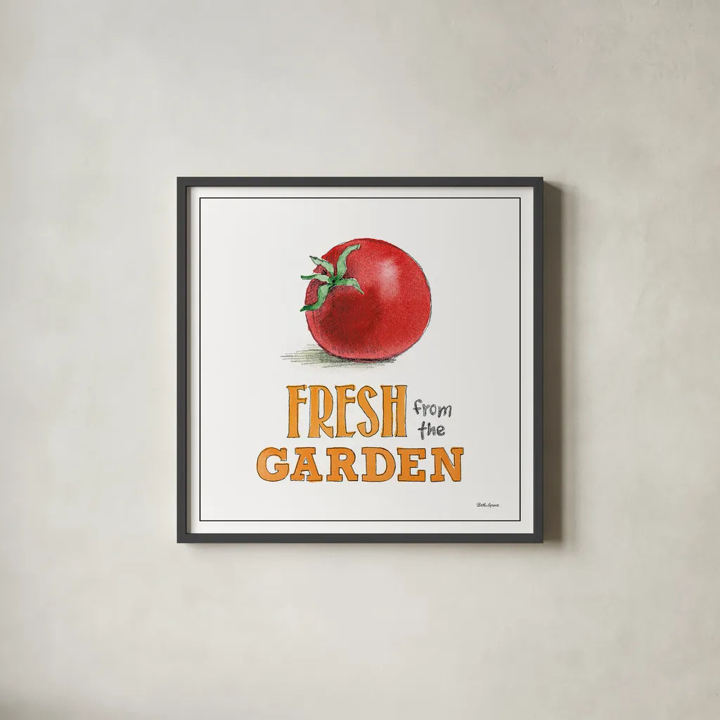 Fresh From the Garden V No Border Sq by Beth Grove. Shown in a sleek black glass frame for a contemporary gallery look. Available as an archival giclee rolled canvas, fine art paper, or poster print. SKU 32411a.