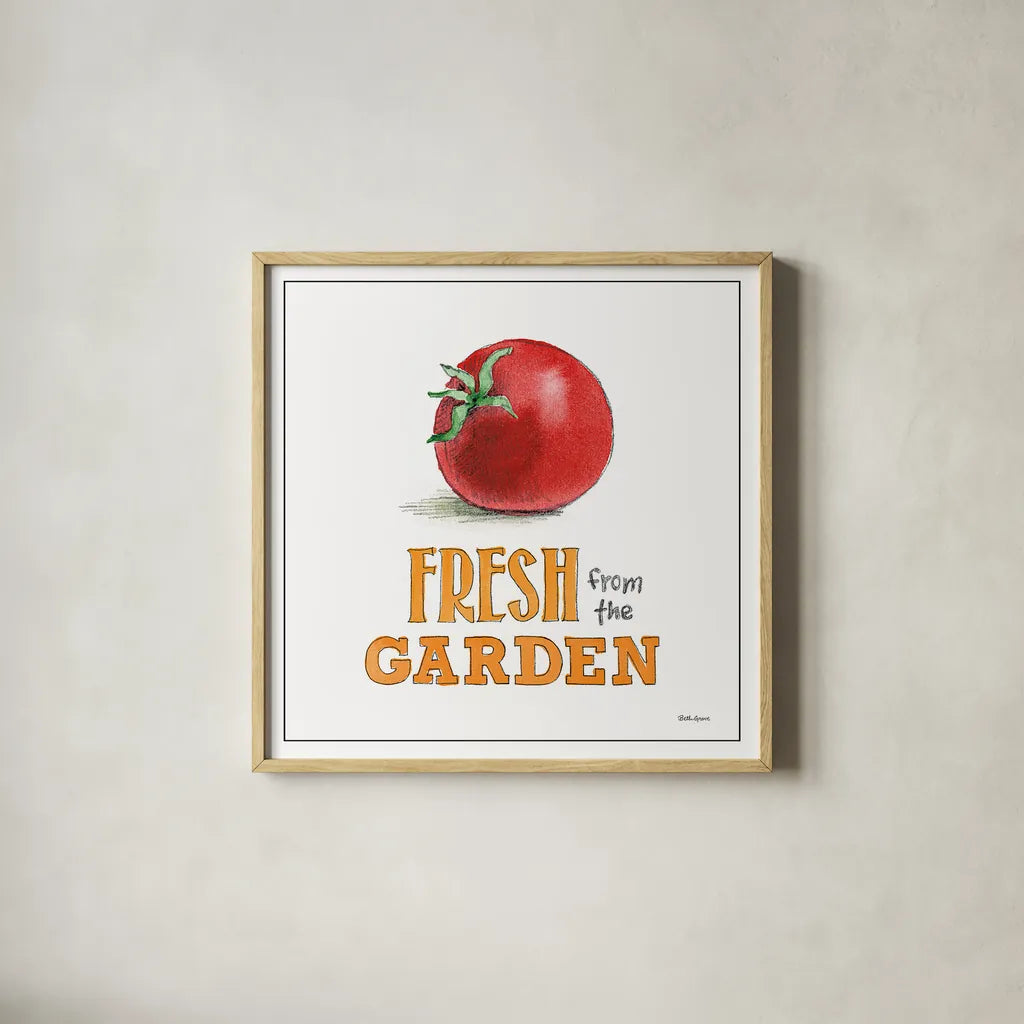 Fresh From the Garden V No Border Sq by Beth Grove. Shown in a natural wood glass frame for a timeless modern aesthetic. Available as an archival giclee rolled canvas, fine art paper, or poster print. SKU 32411a.
