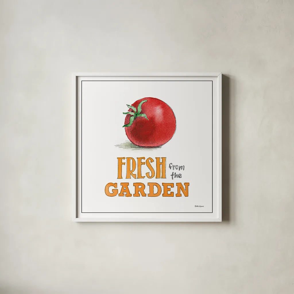 Fresh From the Garden V No Border Sq by Beth Grove. Shown in a crisp white glass frame for a clean and minimalist style. Available as an archival giclee rolled canvas, fine art paper, or poster print. SKU 32411a.
