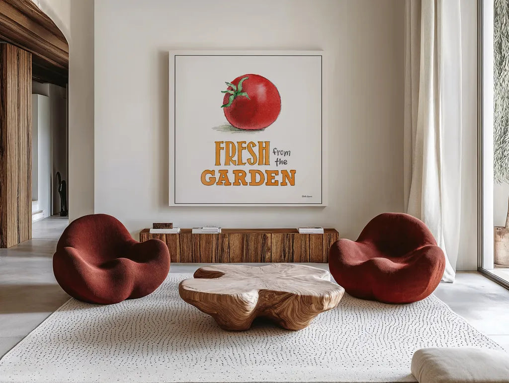 Fresh From the Garden V No Border Sq by Beth Grove. Shown as extra-large giant wall art in a modern living room. Available as an archival giclee rolled canvas, fine art paper, or poster print. SKU 32411a.