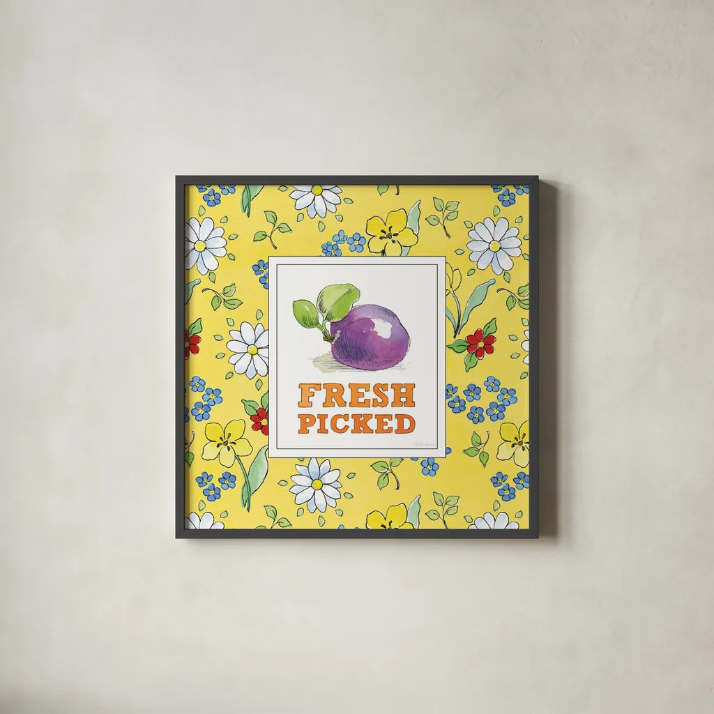 Fresh From the Garden VI by Beth Grove. Shown in a sleek black glass frame for a contemporary gallery look. Available as an archival giclee rolled canvas, fine art paper, or poster print. SKU 31982a.